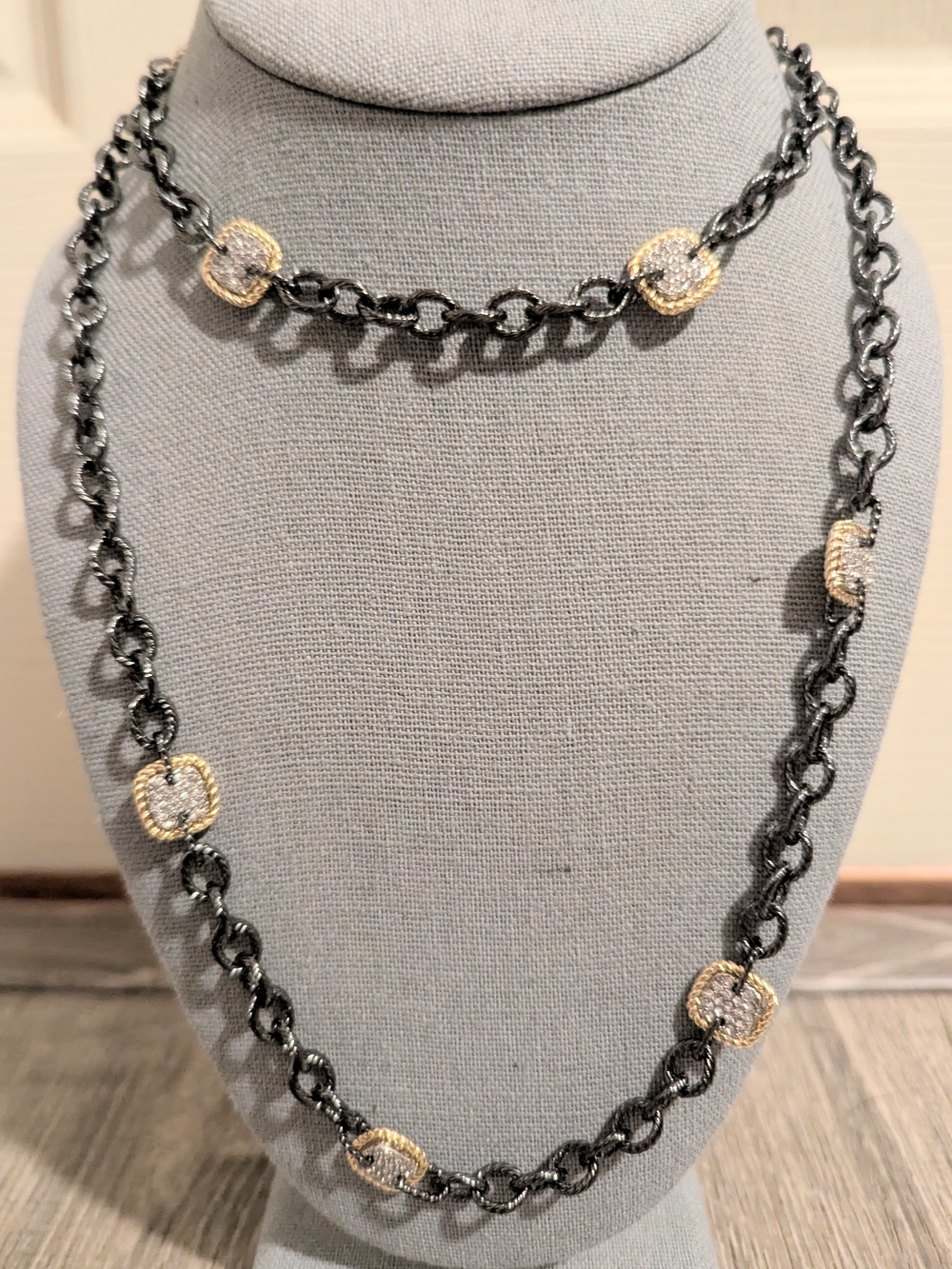 FR Studio Black Gold Pave Station Link Chain Necklace